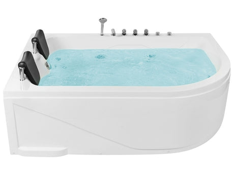 Right Corner Whirlpool Bath White Acrylic with LED Lights Hydromassage and 2 Headrests Beliani