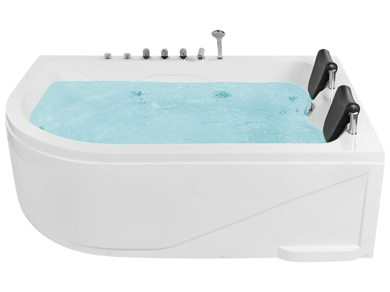 Left Corner Whirlpool Bath White Acrylic with LED Lights Hydromassage and 2 Headrests Beliani