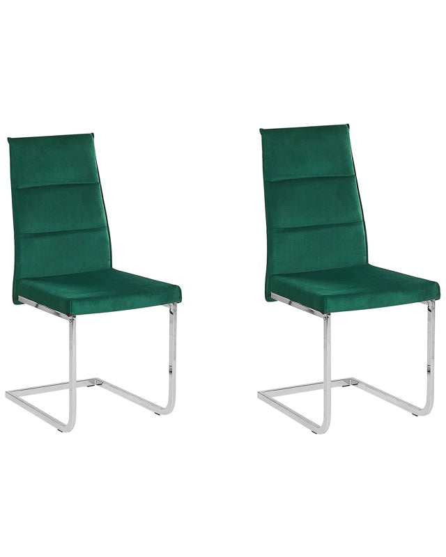 Set of 2 Dining Chairs Green Velvet Upholstered Cantilever Silver Legs Armless Modern Design Beliani