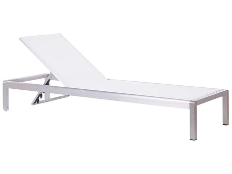 Garden Sun Lounger White Textile Fibres Seat Silver Aluminium Frame Adjustable Reclining Backrest  Beliani