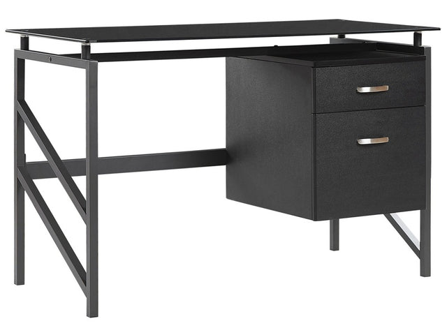 Home Office Desk Black Metal Frame Tempered Glass Top 117 x 57 cm Storage Drawers Modern Industrial Design  Beliani