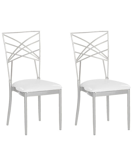 Set of 2 Dining Chairs Silver Metal Faux Leather White Seat Pad Accent Industrial Glam Style Beliani