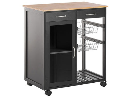 Kitchen Trolley Black Pine Wood 2 Drawers 1 Cabinet 2 Racks Castors Living Room  Beliani