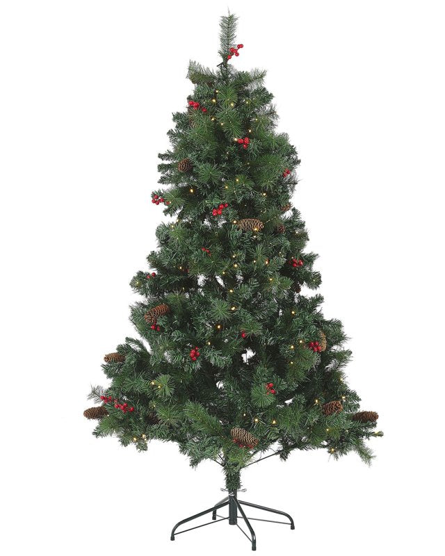 Artificial Christmas Tree Green Pre Lit 180 cm Synthetic Hinged Branches LED Fairy Lights Pine Cones Holly Berries Holiday  Beliani