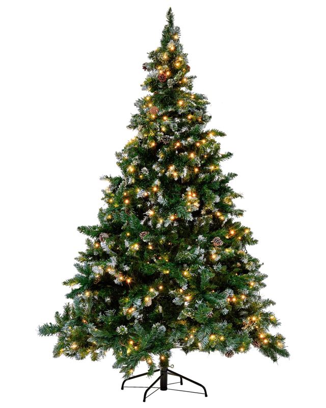 Artificial Christmas Tree Green Synthetic 180 cm Pre Lit Snow Frosted Flocked Branches LED Fairy Lights Pine Cones Holiday Beliani