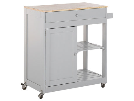 Kitchen Trolley Grey MDF Rubberwood 75 x 43 x 87 cm Cabinet Towel Rack 2 Shelves Cutlery Drawer Castors Beliani