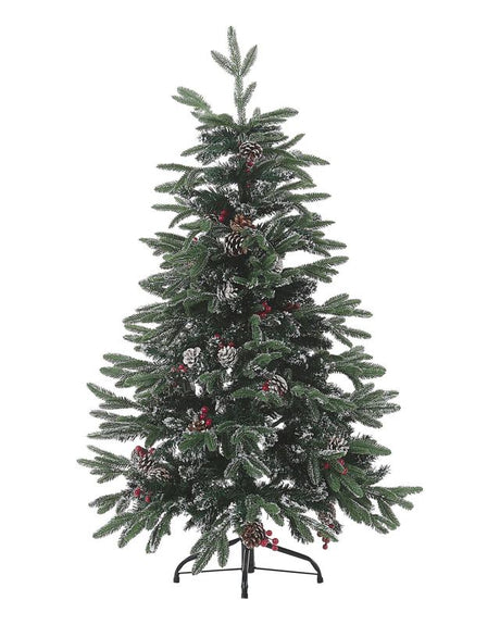 Artificial Snow Christmas Tree Green PVC Metal Base 120 cm with Pine Cones Holly Berries Traditional Beliani