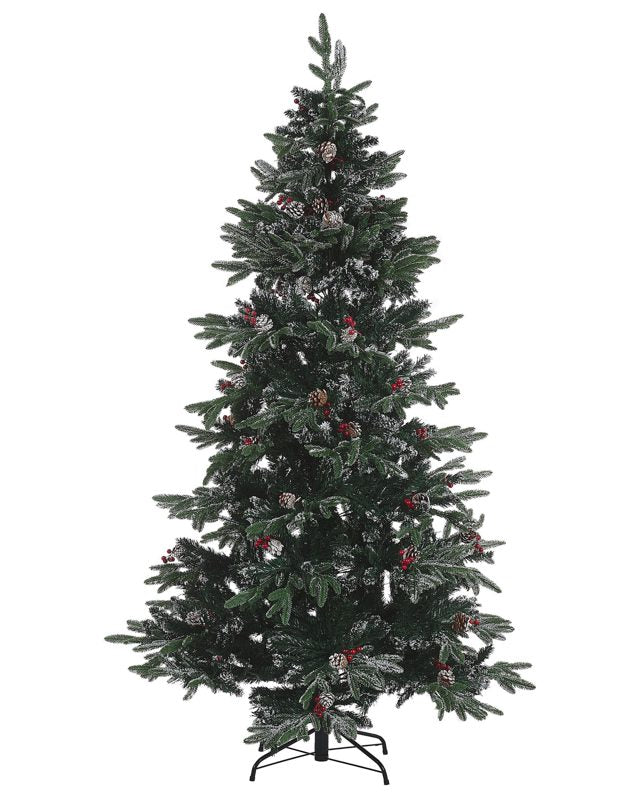 Artificial Snow Christmas Tree Green PVC Metal Base 210 cm with Pine Cones Holly Berries Traditional Beliani