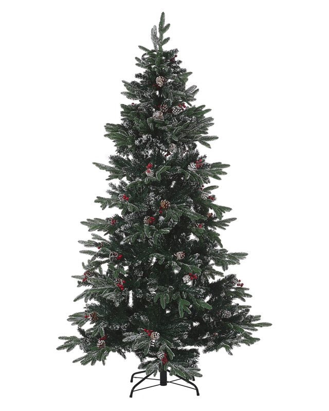 Artificial Snow Christmas Tree Green PVC Metal Base 180 cm with Pine Cones Holly Berries Traditional Beliani