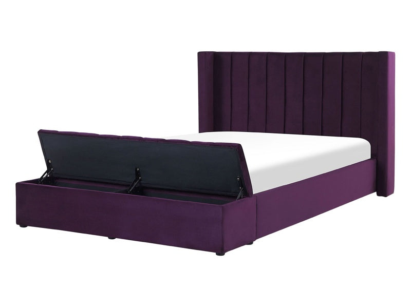 EU Double Size Panel Bed Purple Velvet 4ft6 Slatted Base High Headrest with Storage Bench Beliani