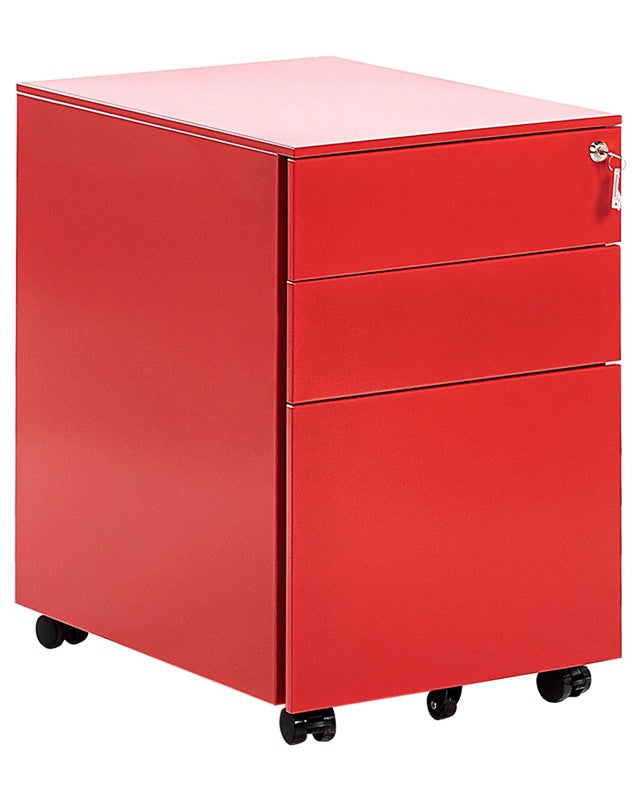 Storage Cabinet Red Metal 3 Drawers Key Lock Castors Industrial Office Beliani