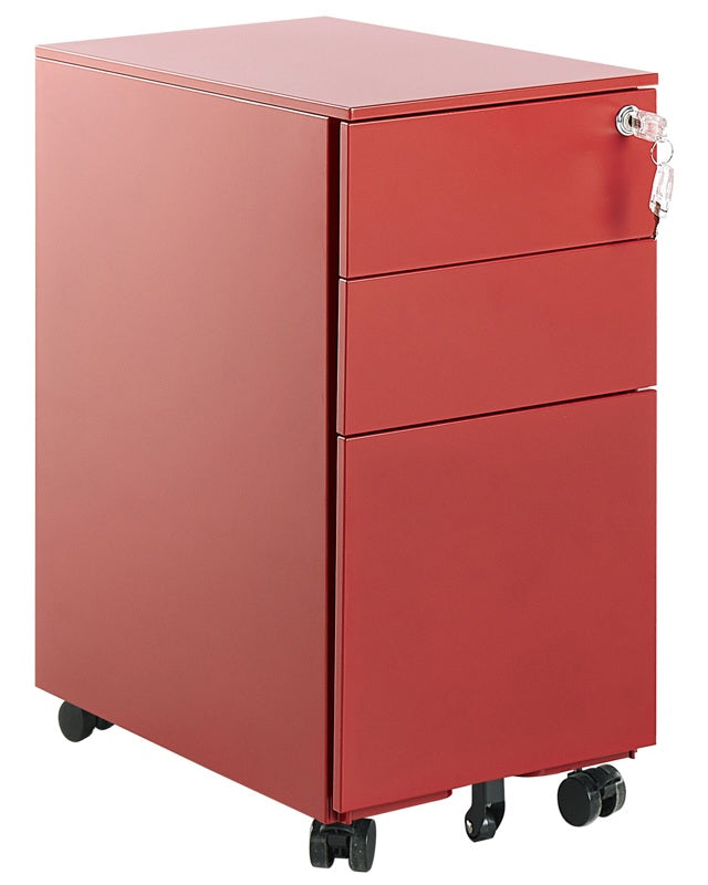 Storage Cabinet Red Metal with 3 Drawers Key Lock Castors Industrial Modern Home Office Garage Beliani