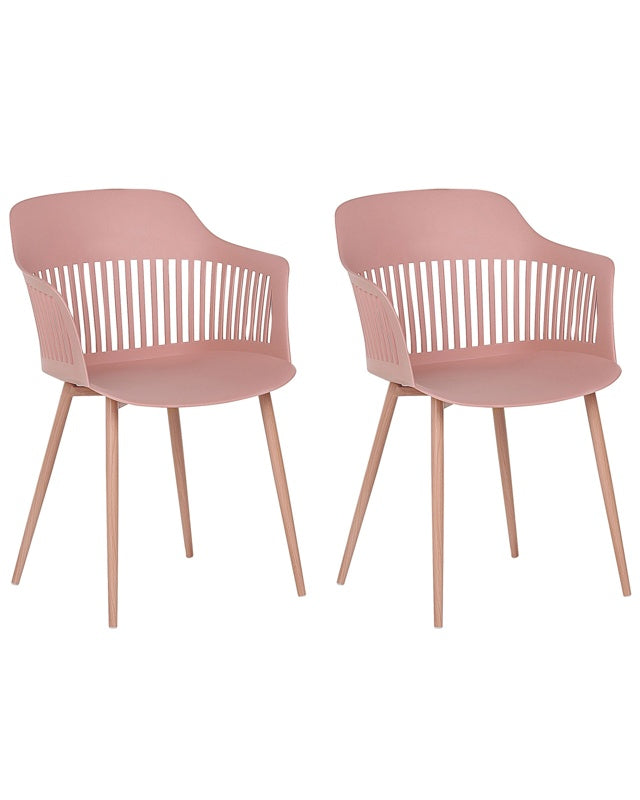 Set of 2 Dining Chairs Pink Synthetic Material Metal Legs Open Work Backrest Modern Living Room Beliani