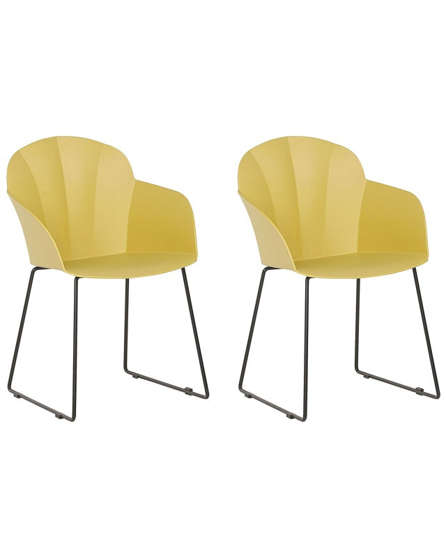 Set of 2 Dining Chairs Yellow Synthetic Material Black Metal Legs Formed Back Modern Living Room Beliani