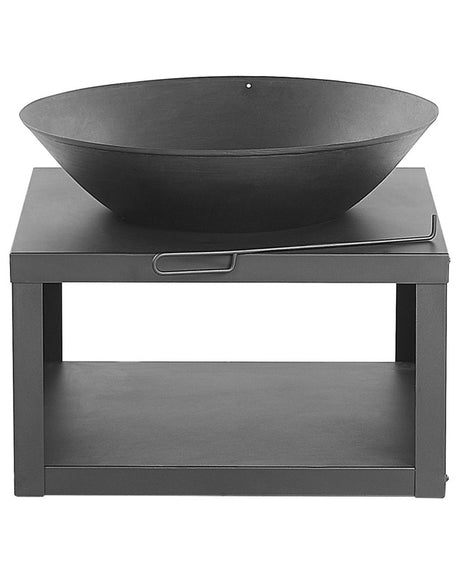 Fire Pit Heater Black Steel Low Round Bowl Shaped with Log Storage and Poker Beliani