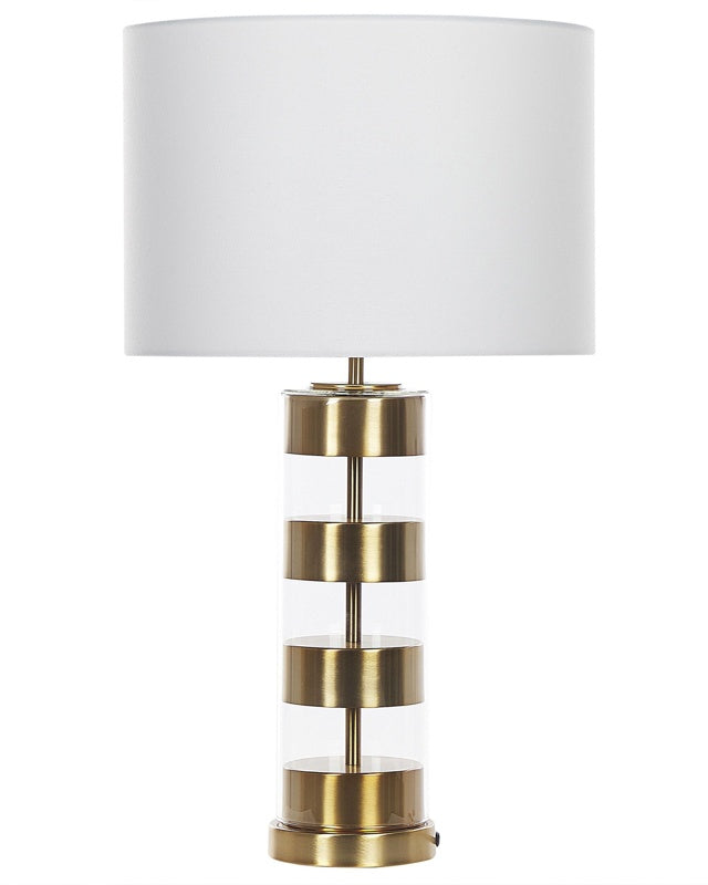 Table Lamp Gold/Transparent Glass Base with White Drum Shape Fabric Shade Beliani