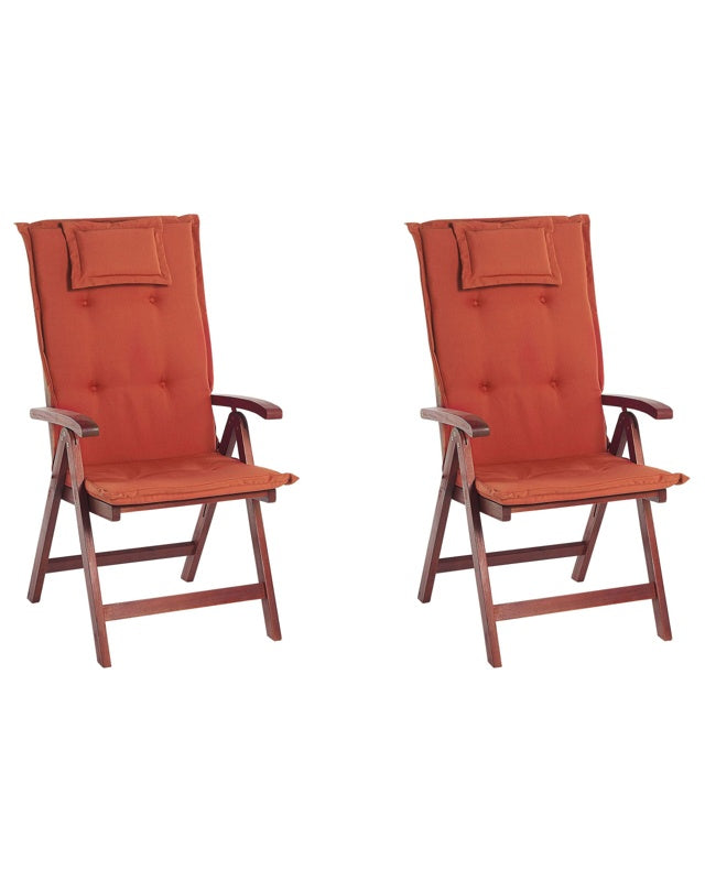 Set of 2 Garden Chairs Acacia Wood Red Cushion Adjustable Foldable Outdoor Country Rustic Style Beliani