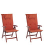 Set of 2 Garden Chairs Acacia Wood Red Cushion Adjustable Foldable Outdoor Country Rustic Style Beliani