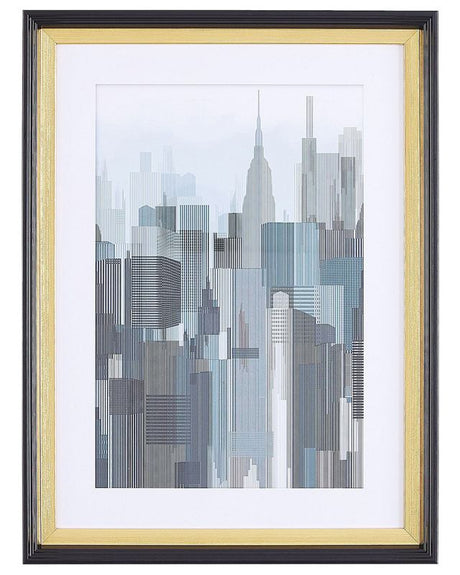 Framed Wall Art Blue and Grey Print Gold and Black Frame 30 x 40 cm Skyscrapers City Passe-Partout Industrial Minimalist Beliani