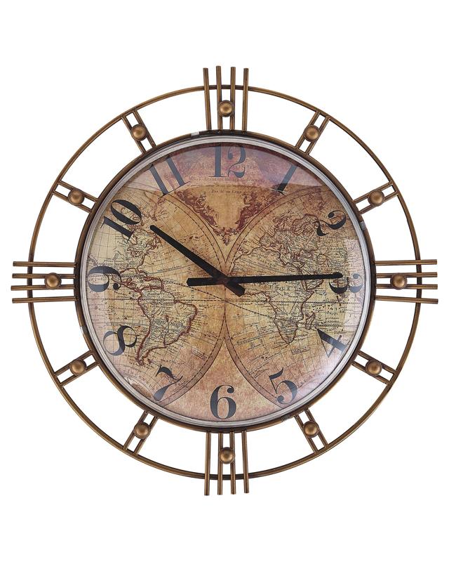 Wall Clock Gold Distressed Iron Frame Vintage Design Geographic Inspired Pattern 63 cm Beliani