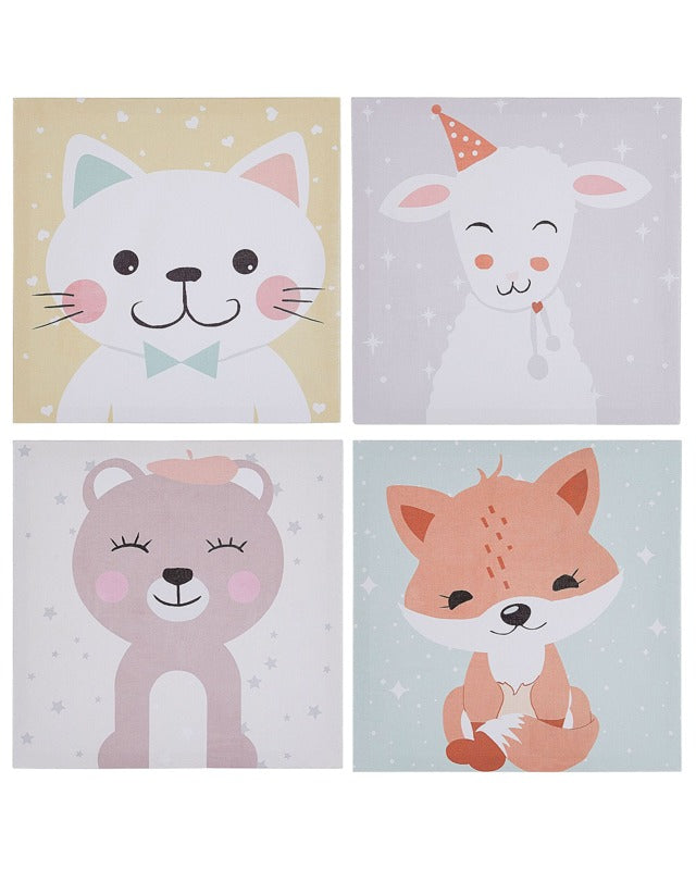 Set of 4 Canvas Prints Multicolour 30 x 30 cm Wall Art Sheep Cat Bear Fox Kids Room Beliani