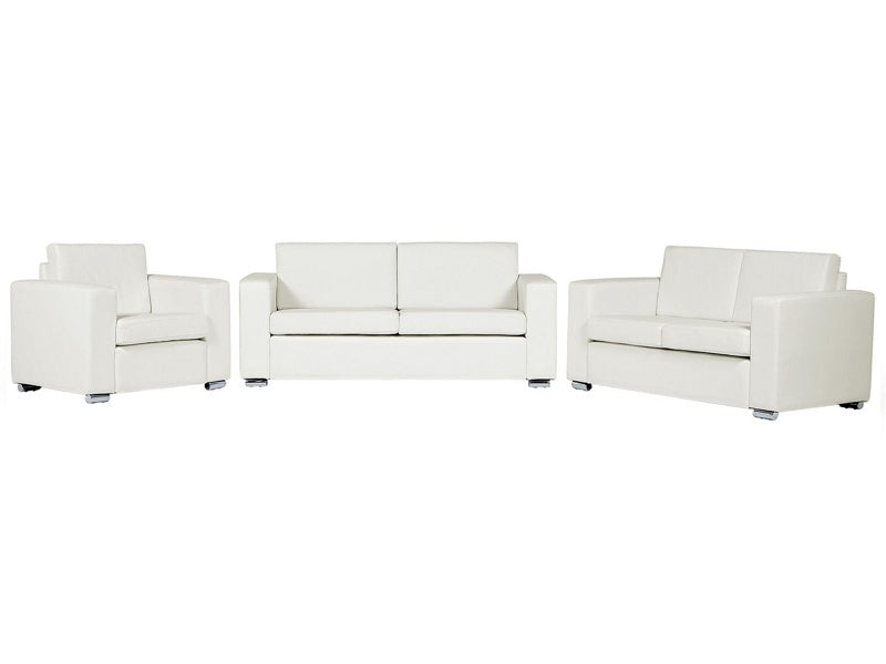 Sofa Set Suite 3+2+1 White Split Leather Upholstery Chromed Legs 3 Seater Loveseat Armchair Bundle Beliani