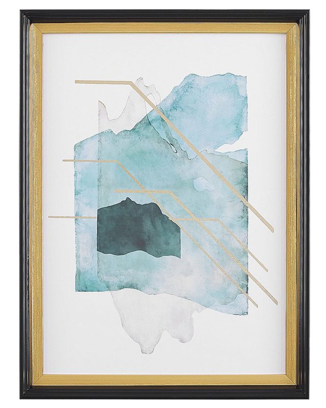 Framed Wall Print Blue and Gold Paper Watercolour Aquarelle Effect 30 x 40 cm Beliani