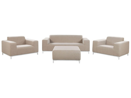 Garden Sofa Set Beige Fabric Upholstery White Aluminium Legs with Ottoman 5 Seater Weather Resistant Outdoor Beliani