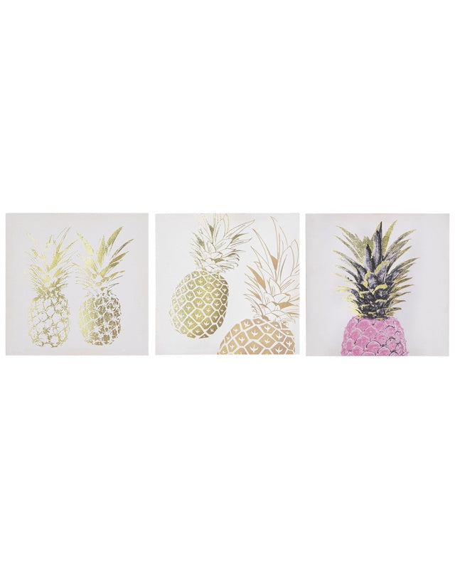 Set of 3 Canvas Prints Gold and Pink 30 x 30 cm Pineapple Wall Art Nylon Beliani