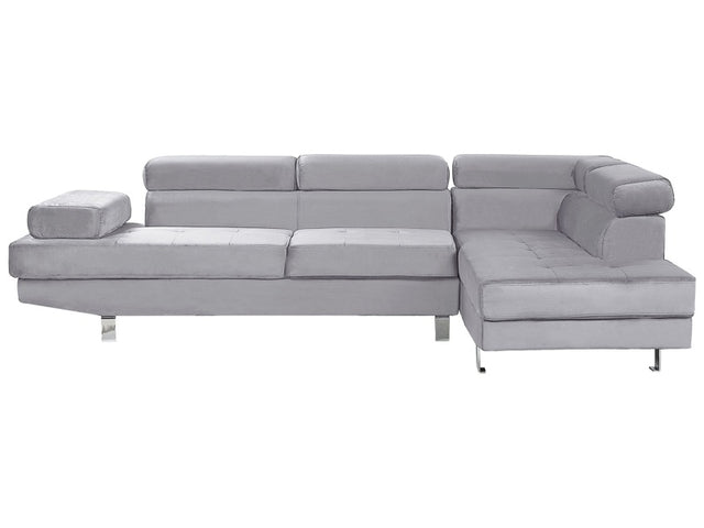 Corner Sofa Grey Velvet L-shaped 5 Seater Adjustable Headrests and Armrests Modern Living Room Couch Beliani