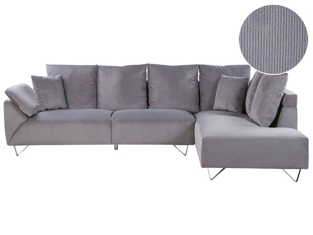 Corner Sofa Grey Corduroy Fabric 266 x 181 cm Cushions Chromed Legs Beliani