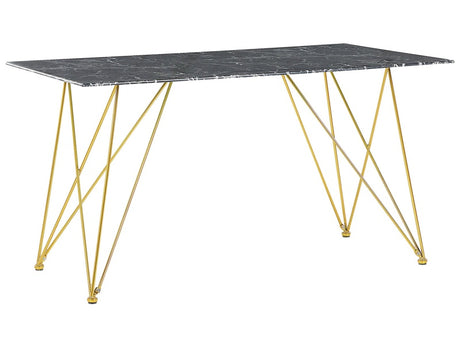 Dining Table Marble Effect Black with Gold Tempered Glass Top Metal Legs 140 x 80 cm Glam Living Room Beliani