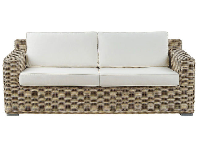 Garden Sofa Light Brown Rattan Wicker Outdoor 2 Seater with White Cushions Beliani