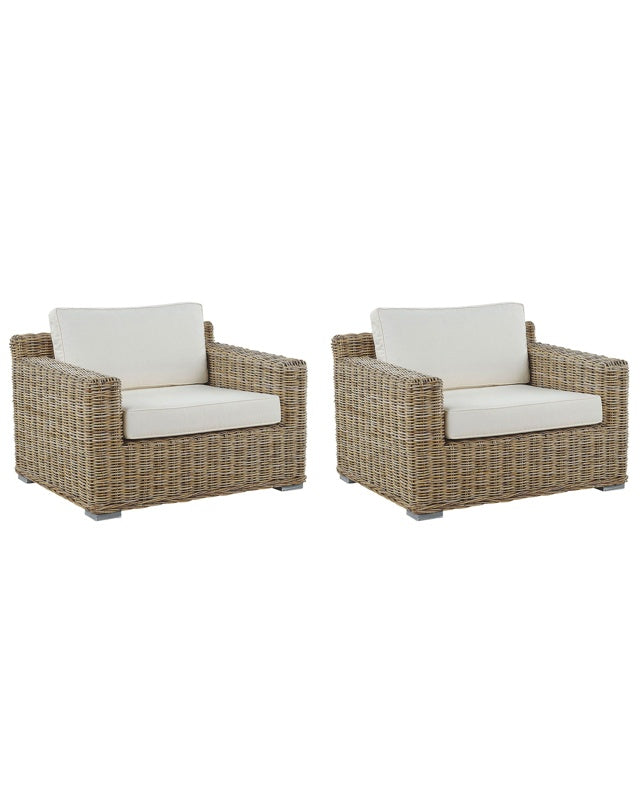 Set of 2 Garden Armchairs Light Brown Rattan Wicker Outdoor 2 Chairs Set with White Cushions Beliani