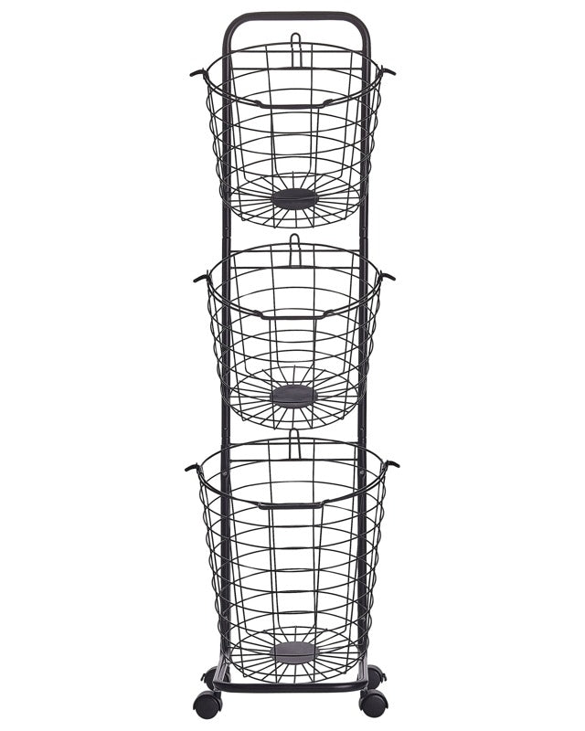 3 Tier Wire Basket Stand Black Metal with Castors Handles Detachable Kitchen Bathroom Storage Accessory for Towels Newspaper Fruits Vegetables Beliani