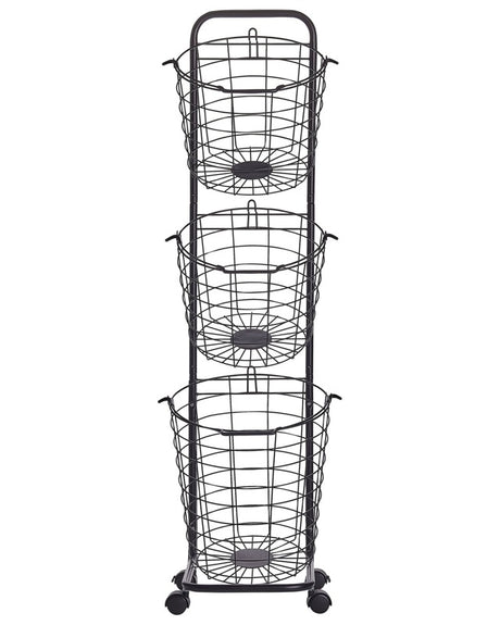 3 Tier Wire Basket Stand Black Metal with Castors Handles Detachable Kitchen Bathroom Storage Accessory for Towels Newspaper Fruits Vegetables Beliani