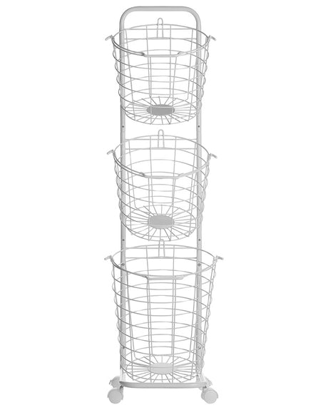 3 Tier Wire Basket Stand White Metal with Castors Handles Detachable Kitchen Bathroom Storage Accessory for Towels Newspaper Fruits Vegetables Beliani