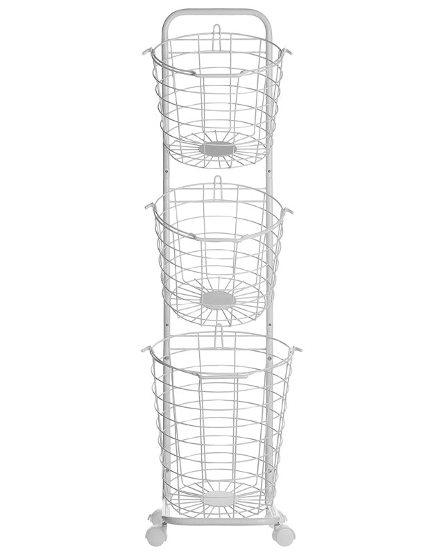 3 Tier Wire Basket Stand White Metal with Castors Handles Detachable Kitchen Bathroom Storage Accessory for Towels Newspaper Fruits Vegetables Beliani