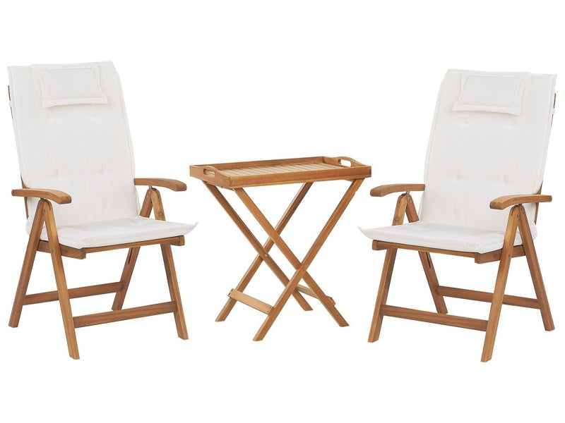 Garden Bistro Set Acacia Wood Table 2 Chairs with Off-White Cushions UV Resistant Foldable Beliani