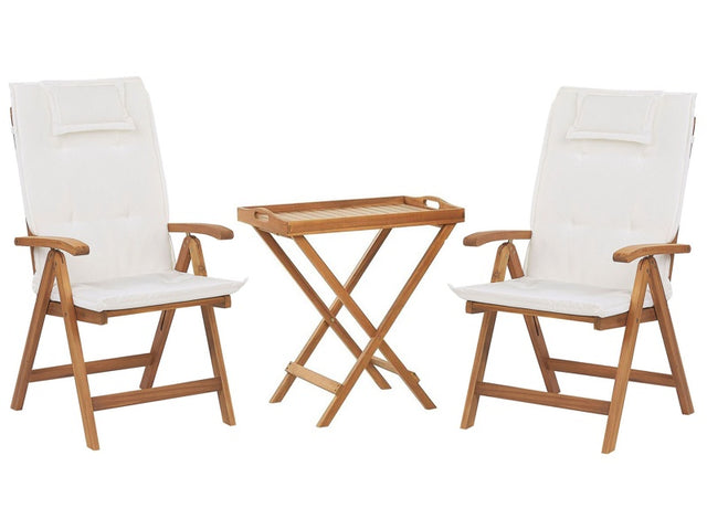 Garden Bistro Set Acacia Wood Table 2 Chairs with Off-White Cushions UV Resistant Foldable Beliani