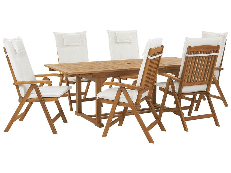 Garden Dining Set Acacia Wood with Off-White Cushions 6 Seater Adjustable Foldable Chairs Outdoor Country Style Beliani