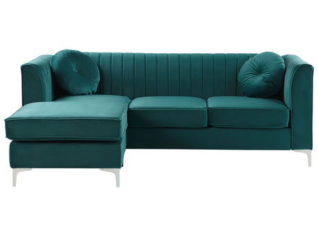 Corner Sofa Green Velvet Upholstered 3 Seater Right Hand L-Shaped Glamour Additional Pillows Beliani