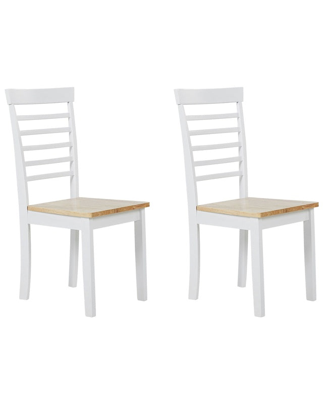 Set of 2 Dining Chairs Light Wood and White Rubber Wood Armless Seat Ladder Back Beliani