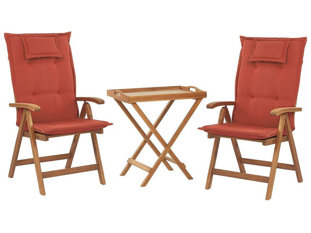 Garden Bistro Set Acacia Wood Table 2 Chairs with Red Cushions UV Resistant Foldable Beliani