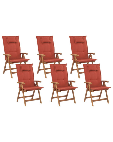 Set of 6 Garden Chairs Light Acacia Wood with Red Cushions Folding Feature UV Resistant Rustic Style Beliani