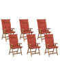 Set of 6 Garden Chairs Light Acacia Wood with Red Cushions Folding Feature UV Resistant Rustic Style Beliani