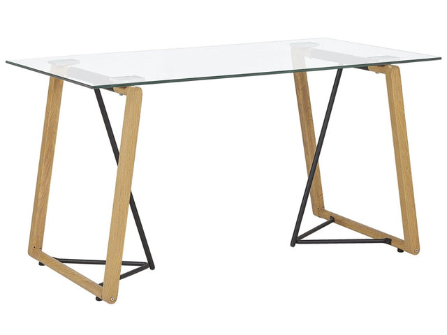 Dining Table Transparent 140 x 80 cm Tempered Glass Top Metal Light Wood Base Rectangular Scandinavian Modern Beliani