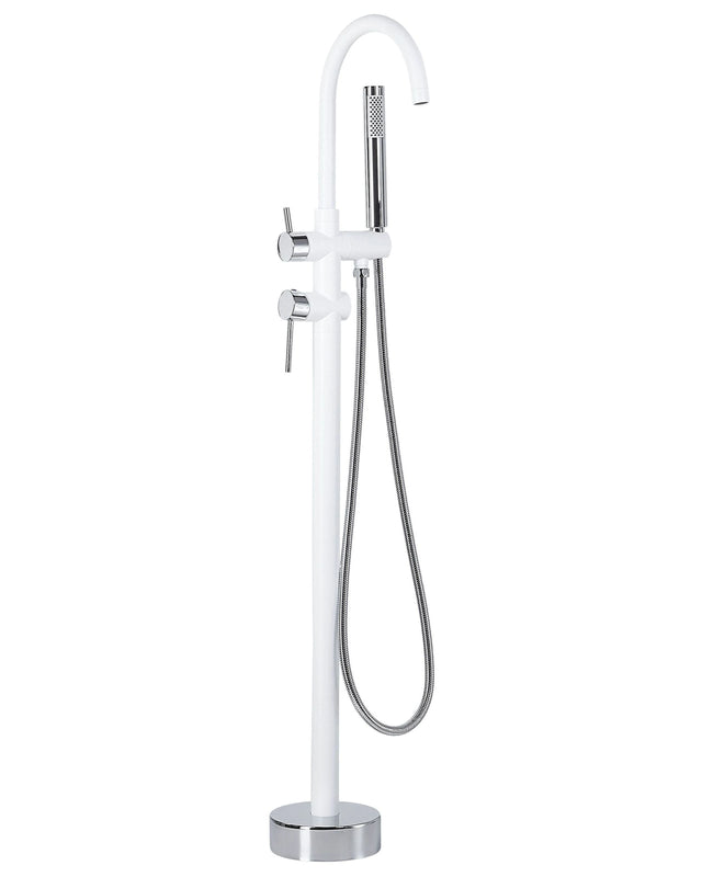 Bath Mixer Tap White with Silver Brass Stainless Steel Freestanding Bathtub Faucet with Hand Shower Modern Design Beliani