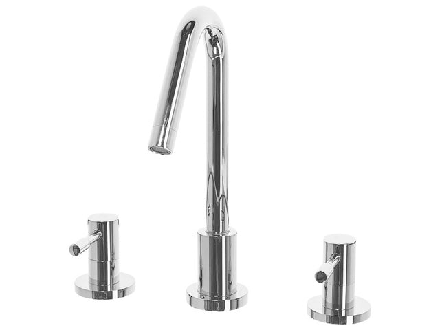 Basin Mixer Tap Silver Glossy Metal Brass Modern Bathroom Twin Lever Faucet Beliani