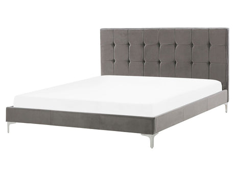 Bed Frame Grey Velvet Upholstery EU King Size 5ft3 with Sprung Slatted Base and Button-Tufted Headboard Beliani